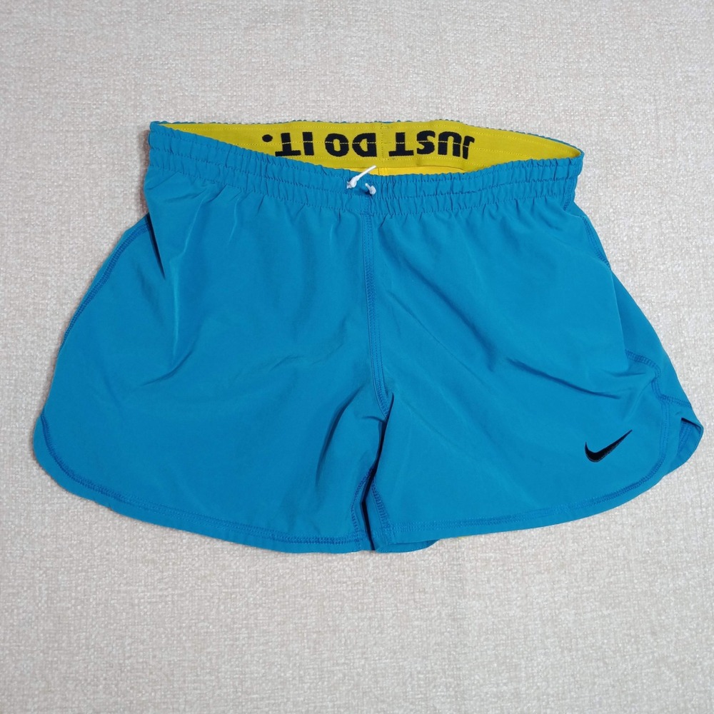 Nike Dri-Fit Running Shorts Womens XS Blue Yellow Just Do It Lined Athletic Gym